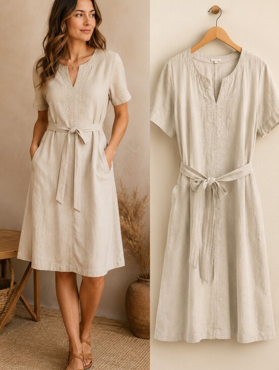 Simon Chang Dresses & Skirts - Simon Chang Linen Blend Midi Dress L Beige Embroidered Relaxed Fit Coastal Chic